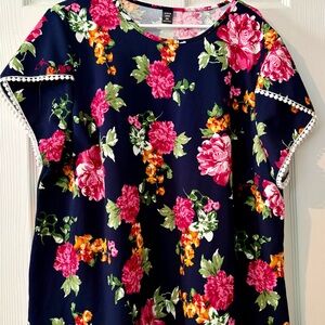 SHEIN Navy Floral Blouse with Pink and Orange Blooms